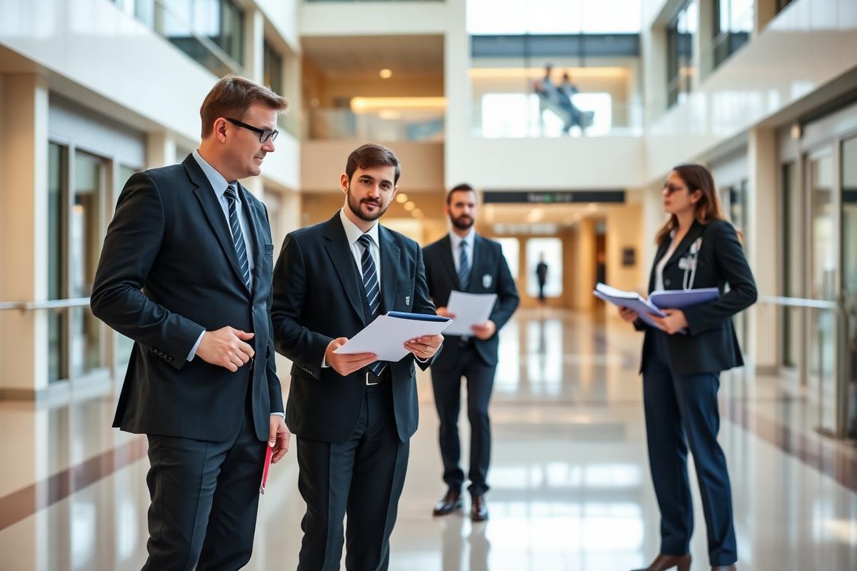 Facility management supervisors reviewing daily checklists in a building lobby