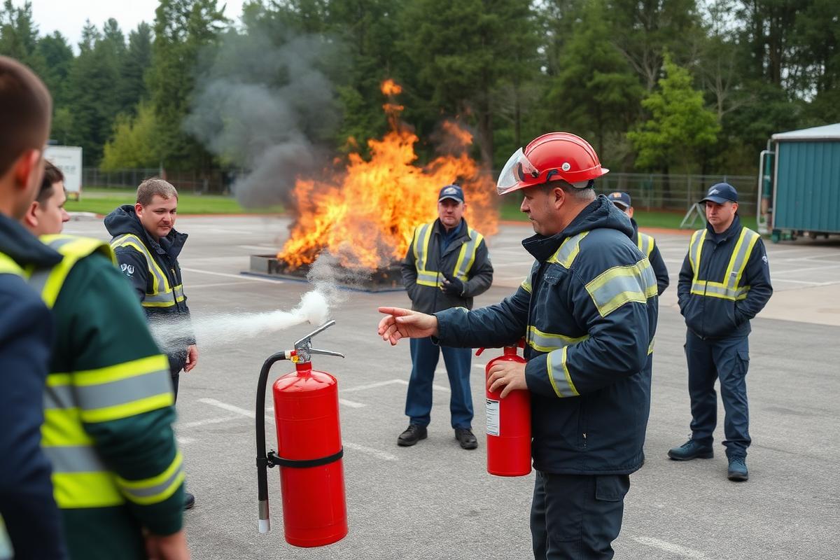 Fire fighting training session with fire extinguisher handling demonstration