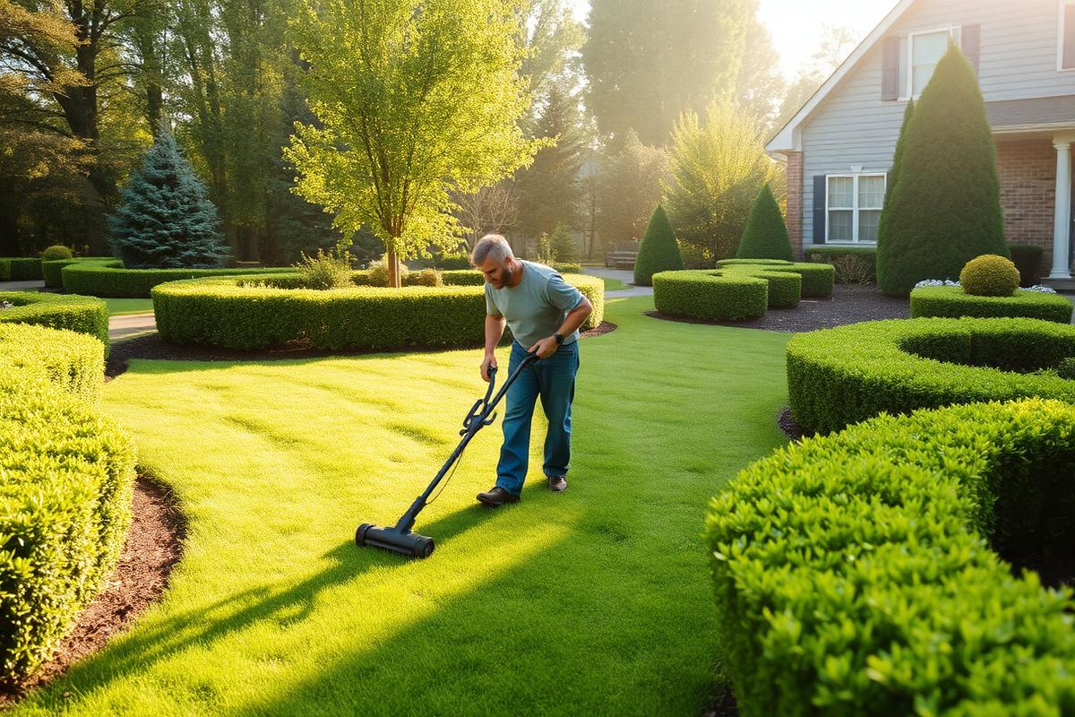 Gardener maintaining a landscaped lawn at a residential society