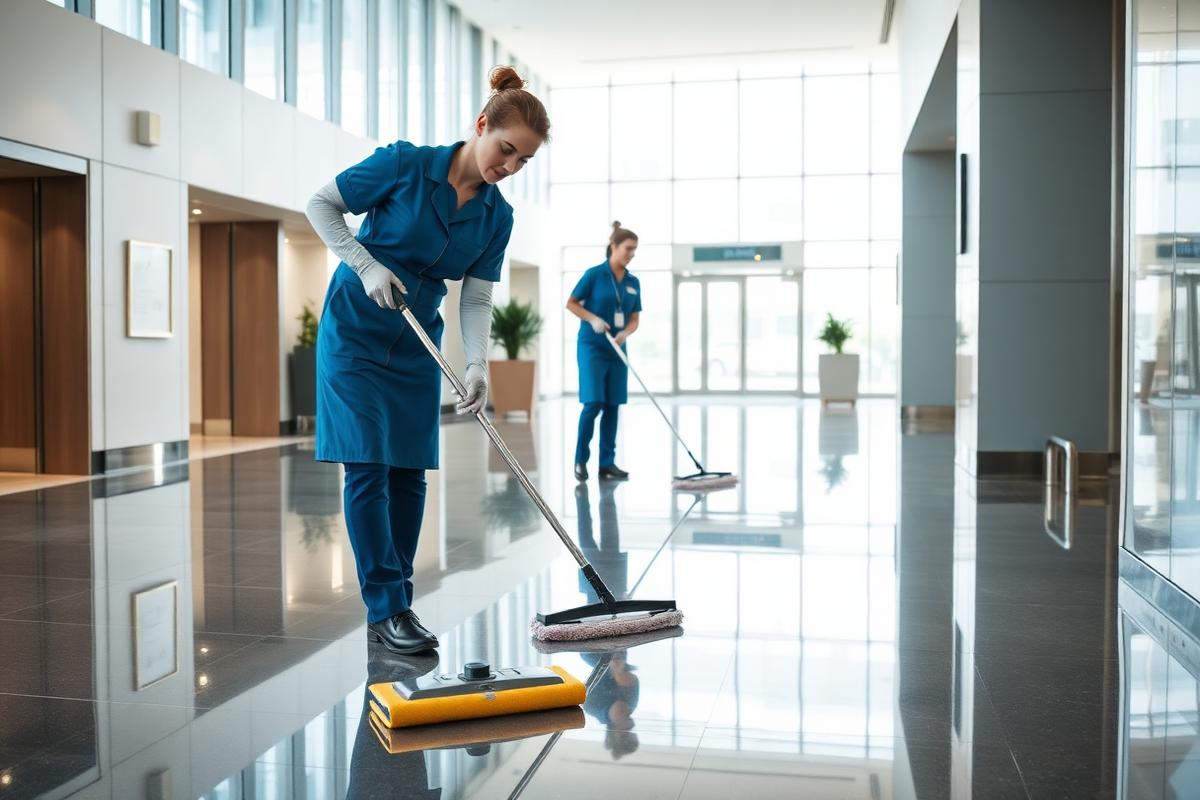 Housekeeping staff cleaning a modern building lobby floor