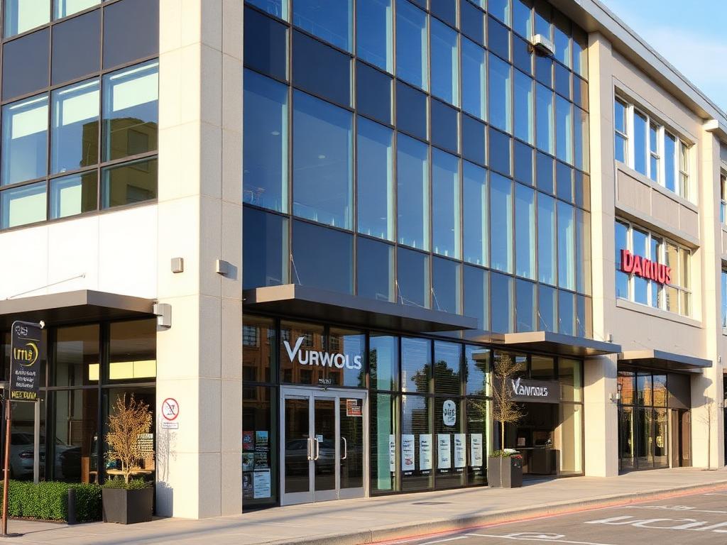 Modern commercial building with glass facade and retail frontage