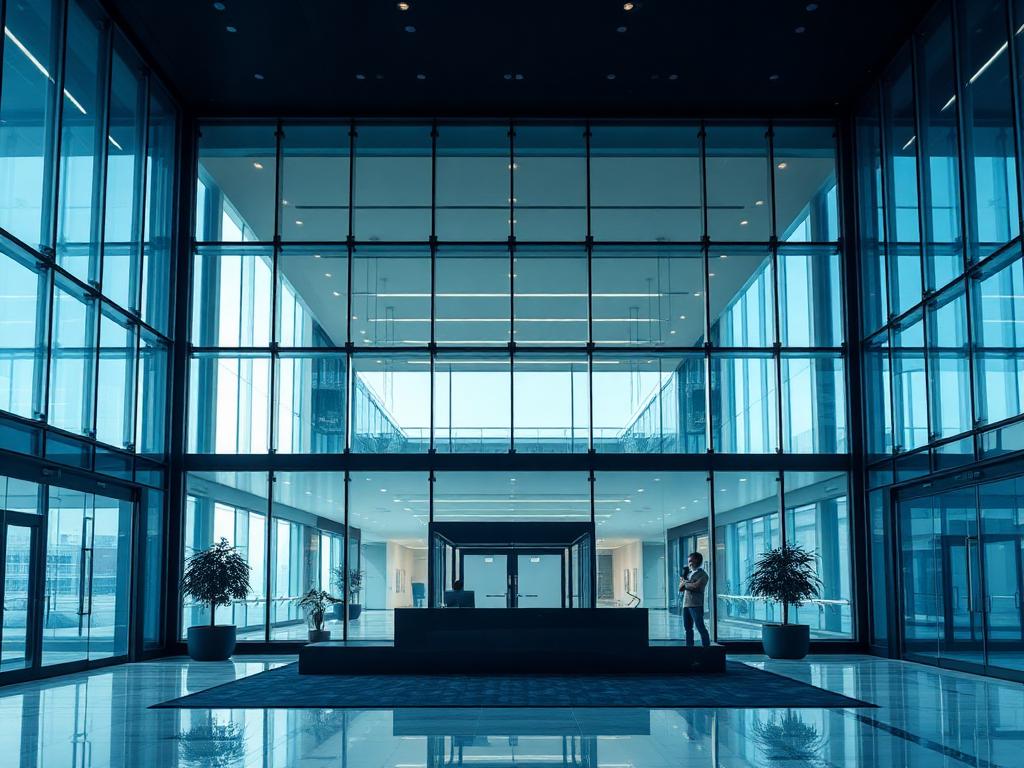 Corporate office glass lobby and reception area