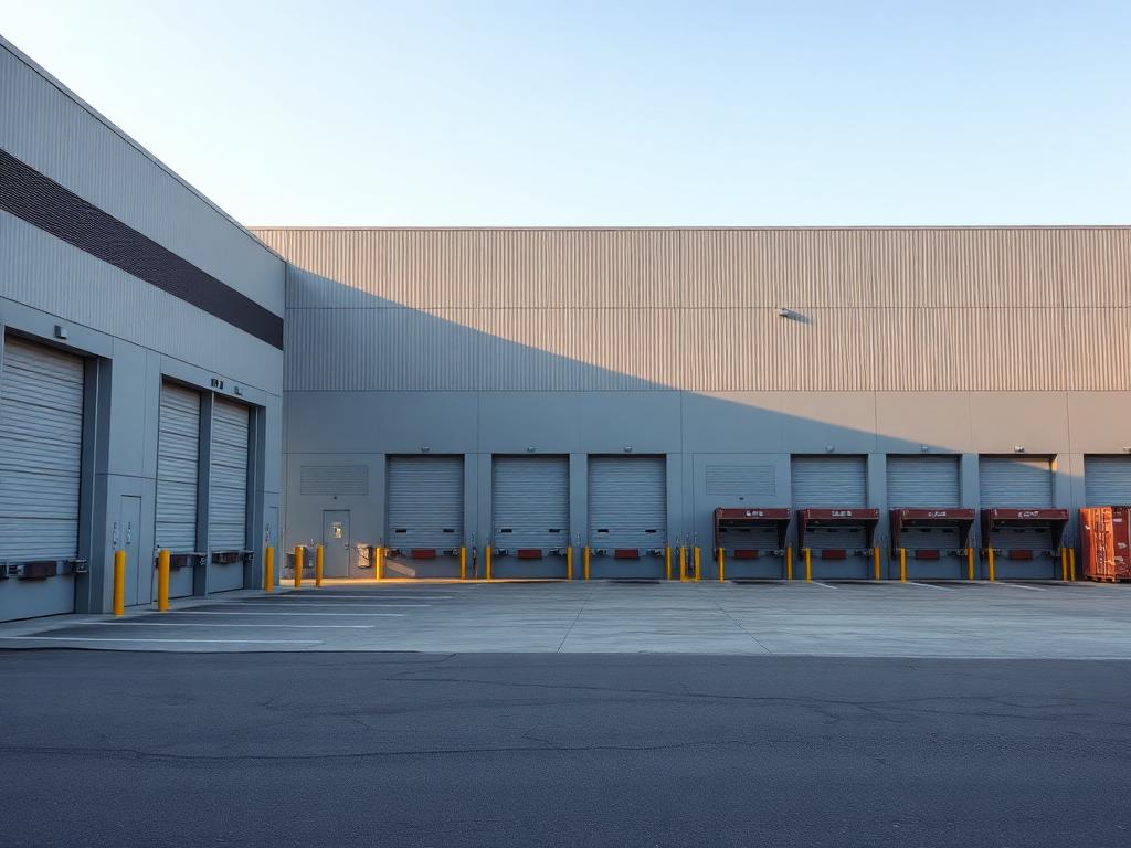 Industrial warehouse exterior with loading bays