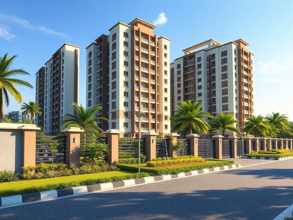 Gated residential housing society towers with landscaped entrance