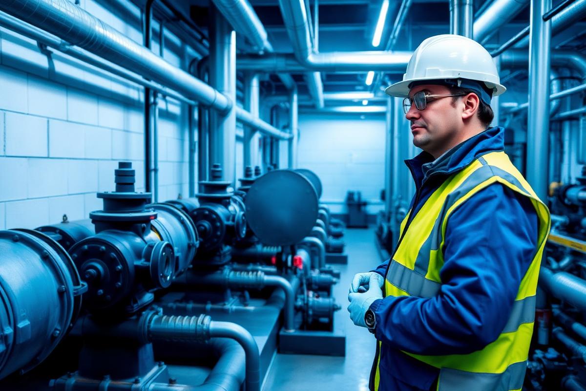 Plant operator monitoring pumps at a water treatment plant